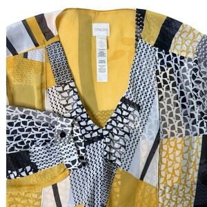 Chicos Size 2 Large Sheer Patchwork Blouse Mustard Yellow Tie Front Chiffon Top